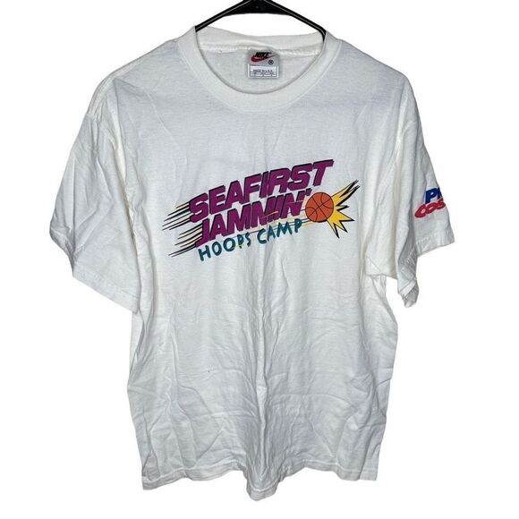 Vintage Nike Seattle Sonics Seafirst Jammin Hoops Camp T Shirt Made In USA Mediu - Picture 1 of 6